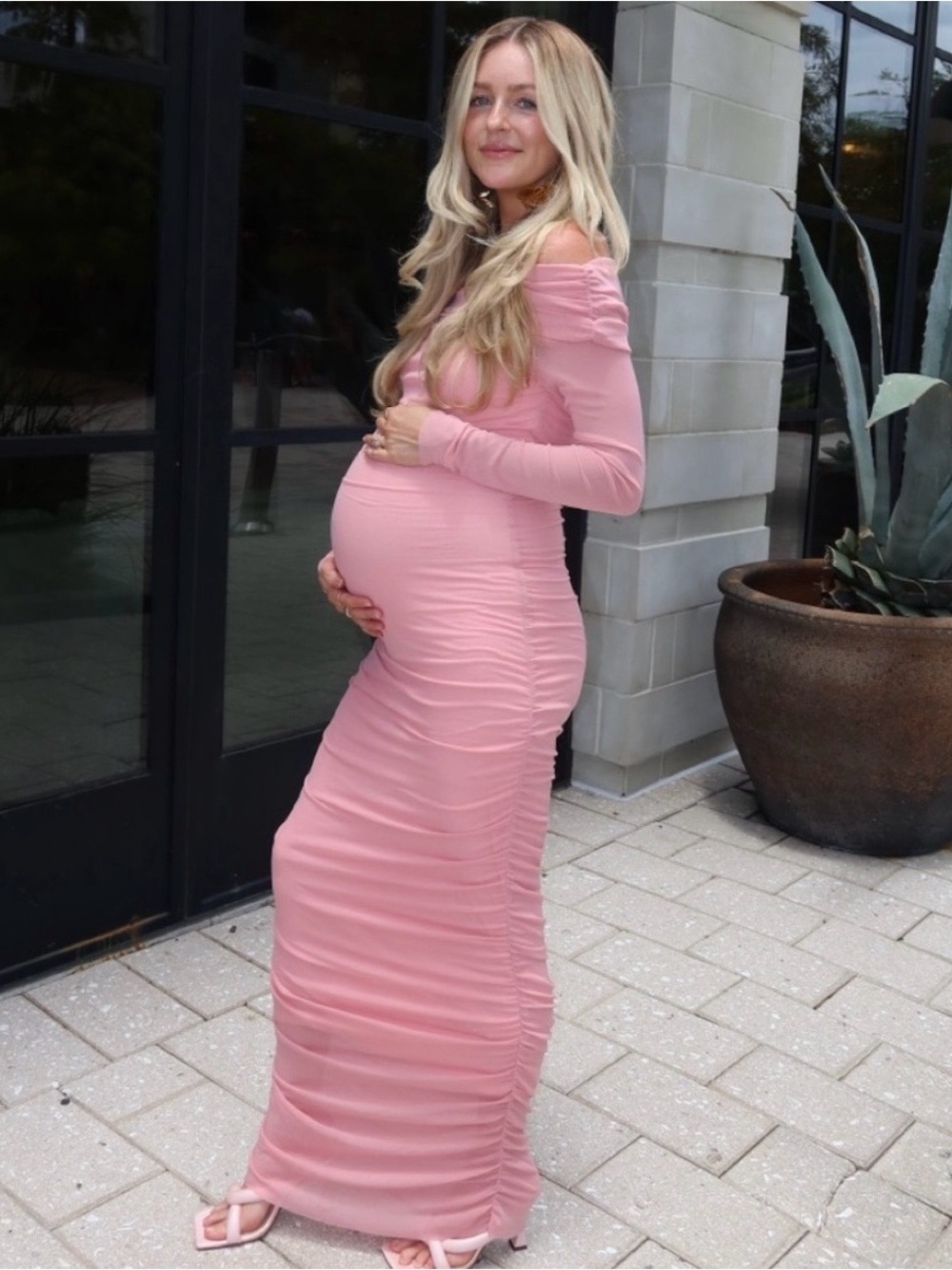 Off-Shoulder Ruched Maternity Maxi Dress in Pink